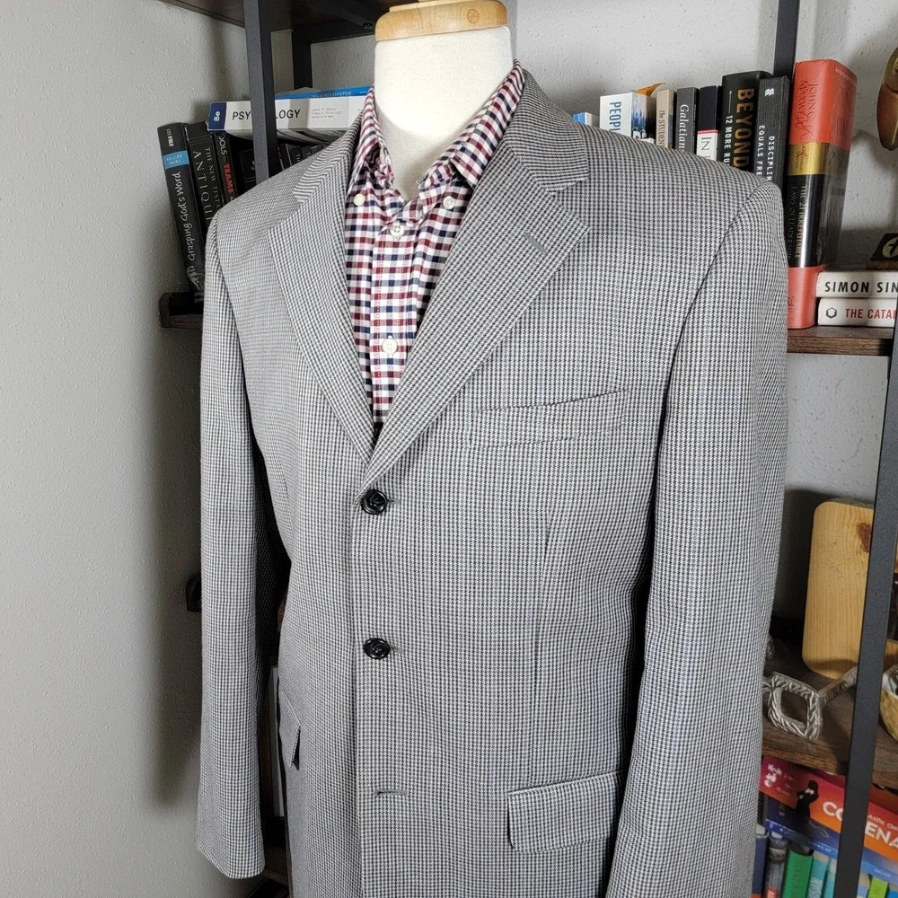 Jones New York Men's Sport Coat Three Button Gray Houndstooth Silk Wool Size 40L